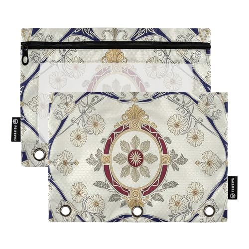 Kunstvolles rundes Design, Beige, 2 Stück, Federmäppchen-Set für 3-Ringordner, glatter Reißverschluss mit transparentem PVC-Fenster, Federmäppchen für Schulbedarf von Nexawaveo