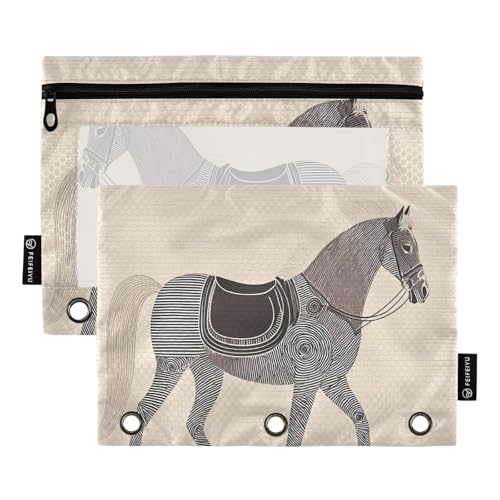 Line Art Federmäppchen-Set mit Pferd auf Beige, 2er-Pack für 3-Ringbücher, glatter Reißverschluss mit transparentem PVC-Fenster, Federmäppchen für Schulbedarf von Nexawaveo