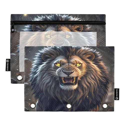 Lion Dark Federmäppchen-Set für 3-Ringbuch, glatter Reißverschluss mit transparentem PVC-Fenster, Federmäppchen für Schulbedarf, 2 Stück von Nexawaveo