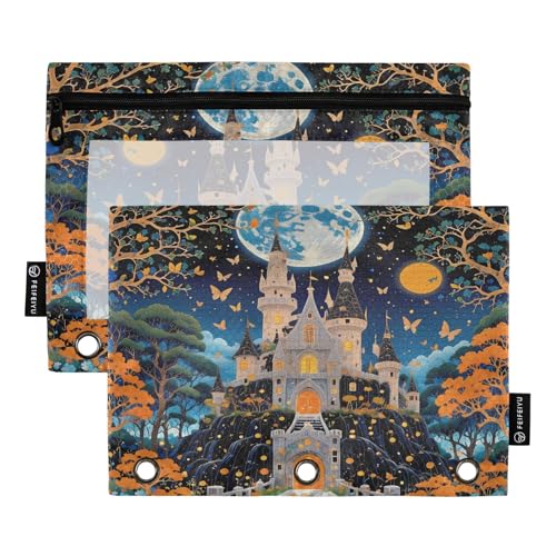 Moon Castle Night Federmäppchen-Set für 3-Ringbuch, glatter Reißverschluss mit transparentem PVC-Fenster, Federmäppchen für Schulbedarf, 2 Stück Moon Castle Night Federmäppchen-Set für 3-Ringbuch, glatter Reißverschluss mit transparentem PVC-Fenster, Federmäppchen für Schulbedarf, 2 Stück von Nexawaveo