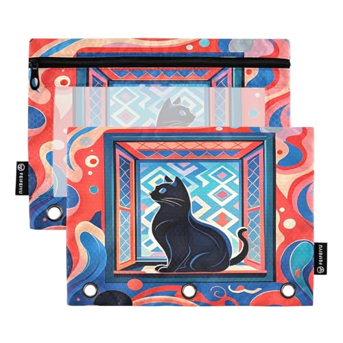 Nexawaveo Federmäppchen mit geometrischer Katze, abstrakt, 2 Stück, für 3-Ringbuch, glatter Reißverschluss mit transparentem PVC-Fenster, Federmäppchen für Schulbedarf Nexawaveo Federmäppchen mit geometrischer Katze, abstrakt, 2 Stück, für 3-Ringbuch, glatter Reißverschluss mit transparentem PVC-Fenster, Federmäppchen für Schulbedarf von Nexawaveo