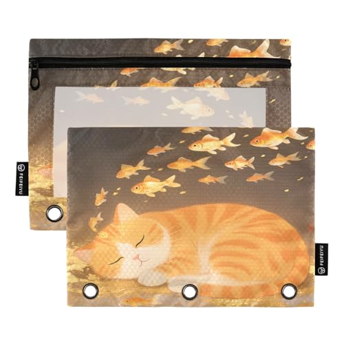 Nexawaveo Sleeping Cat Dream Federmäppchen-Set für 3-Ringbuch, glatter Reißverschluss mit transparentem PVC-Fenster, Federmäppchen für Schulbedarf, 2 Stück von Nexawaveo