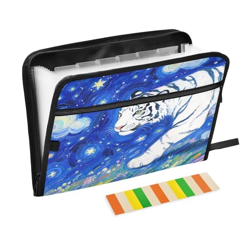 Night Big Cat Fächermappe mit 13 Fächern, mit Etiketten, A4, Dokumenten-Organizer mit Reißverschluss, Blau Night Big Cat Fächermappe mit 13 Fächern, mit Etiketten, A4, Dokumenten-Organizer mit Reißverschluss, Blau von Nexawaveo