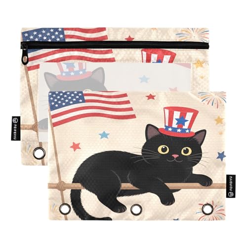 Patriotische Katze, hellbraun, 2er-Pack Federmäppchen für 3-Ringbücher, glatter Reißverschluss mit transparentem PVC-Fenster, Federmäppchen für Schulbedarf von Nexawaveo