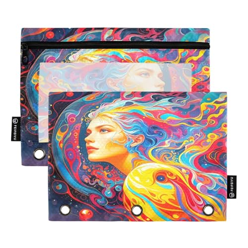 Psychedelisches Hochformat, Federmäppchen-Set für 3-Ringbuch, glatter Reißverschluss mit transparentem PVC-Fenster, Federmäppchen für Schulbedarf, 2 Stück von Nexawaveo
