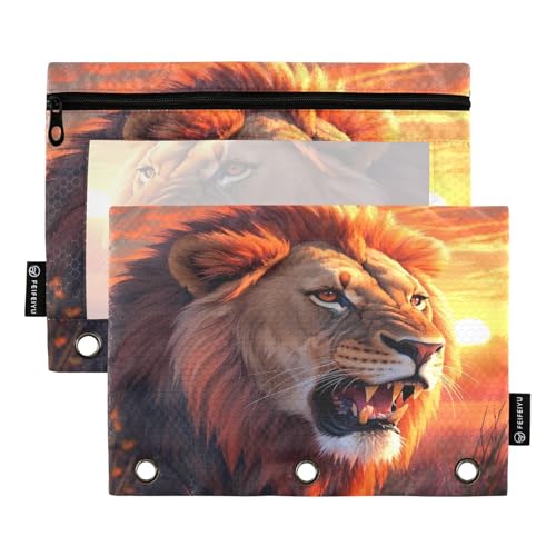 Realistisches Federmäppchen mit Löwen-Sonnenuntergang, 2 Stück, für 3-Ringbuch, glatter Reißverschluss mit transparentem PVC-Fenster, Federmäppchen für Schulbedarf von Nexawaveo