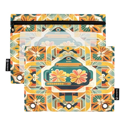 Retro Kettle Mandala Federmäppchen Set für 3-Ringbuch, glatter Reißverschluss mit transparentem PVC-Fenster, Federmäppchen für Schulbedarf, 2 Stück Retro Kettle Mandala Federmäppchen Set für 3-Ringbuch, glatter Reißverschluss mit transparentem PVC-Fenster, Federmäppchen für Schulbedarf, 2 Stück von Nexawaveo