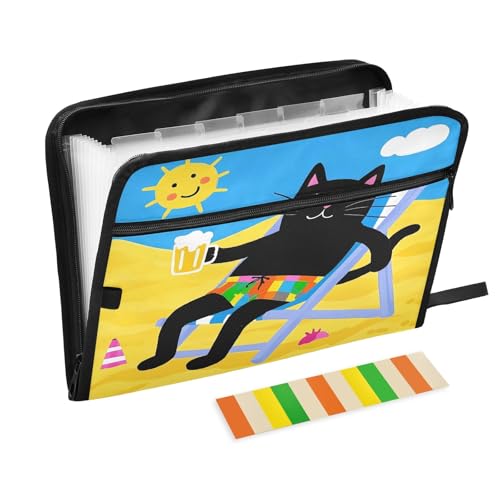 Schwarze Katze mit Bier am Strand, erweiterbarer Reißverschluss, Akkordeon-Dokumenten-Organizer für Arbeit und Zuhause Schwarze Katze mit Bier am Strand, erweiterbarer Reißverschluss, Akkordeon-Dokumenten-Organizer für Arbeit und Zuhause von Nexawaveo