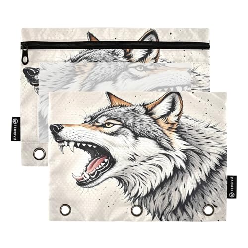 Sketchy Wolf Federmäppchen-Set für 3-Ringbuch, glatter Reißverschluss mit transparentem PVC-Fenster, Federmäppchen für Schulbedarf, Grau, 2 Stück von Nexawaveo