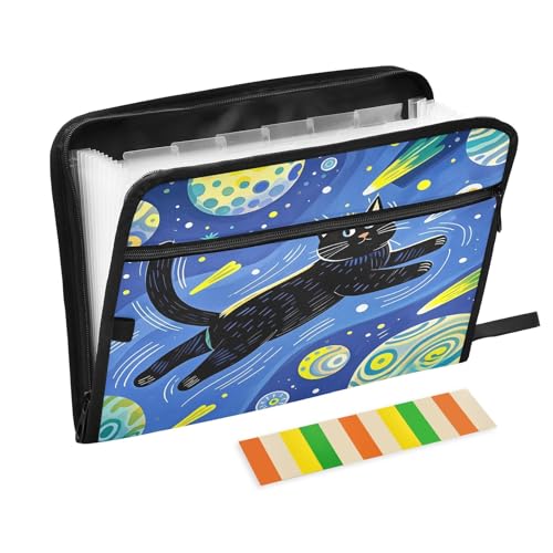 Space Cat Akkordeon-Aktenordner, 13 Fächer, erweiterbar, mit Etiketten, Rechnungen, Quittungen, Dokumentenhalter, Blau von Nexawaveo