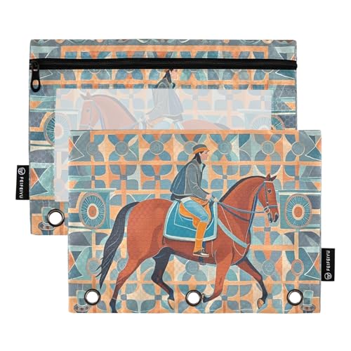 Stilisierte Riders Federmäppchen-Set mit geometrischem Muster, für 3-Ringbücher, glatter Reißverschluss mit transparentem PVC-Fenster, Federmäppchen für Schulbedarf, 2 Stück von Nexawaveo