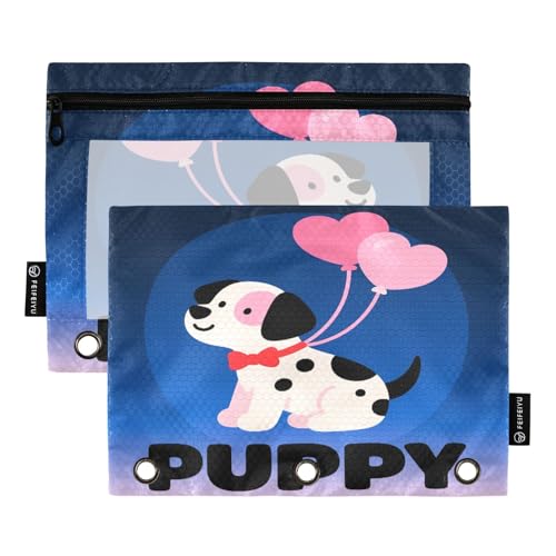 Sweet Puppy Federmäppchen mit blauem Farbverlauf, 2 Stück, für 3-Ringordner, glatter Reißverschluss mit transparentem PVC-Fenster, Federmäppchen für Schulbedarf von Nexawaveo
