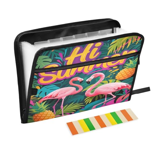 Vivid Hi Summer Flamingo Akkordeon-Aktenordner, 13 Fächer, erweiterbarer Aktenordner mit Etiketten, Rechnungen, Quittungen, Dokumentenhalter von Nexawaveo