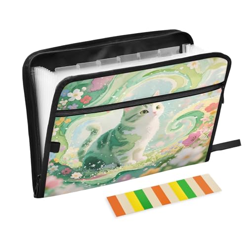 Whimsical Cat Fächermappe mit 13 Fächern, A4, mit Reißverschluss, Grün von Nexawaveo