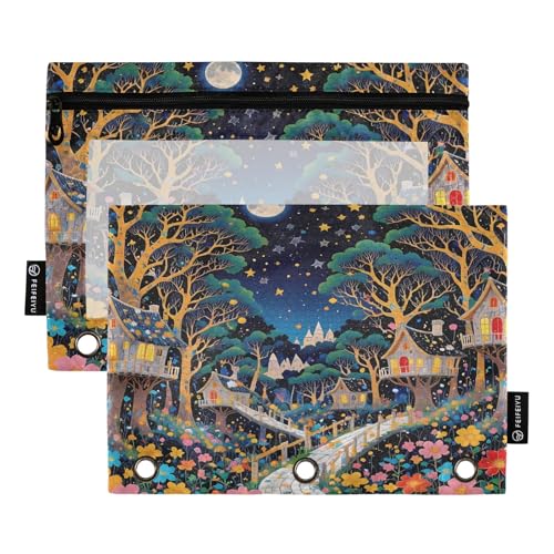 Whimsical Village Night Federmäppchen-Set für 3-Ringbuch, glatter Reißverschluss mit transparentem PVC-Fenster, Federmäppchen für Schulbedarf, 2 Stück Whimsical Village Night Federmäppchen-Set für 3-Ringbuch, glatter Reißverschluss mit transparentem PVC-Fenster, Federmäppchen für Schulbedarf, 2 Stück von Nexawaveo