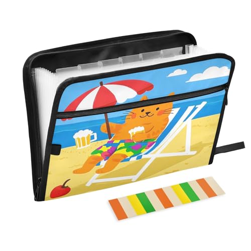 Zeichentrick-Dokumentenmappe, Motiv: Katze am Strand, erweiterbarer Reißverschluss, 13 Taschen, Akkordeon-Dokumenten-Organizer für Arbeit und Zuhause von Nexawaveo