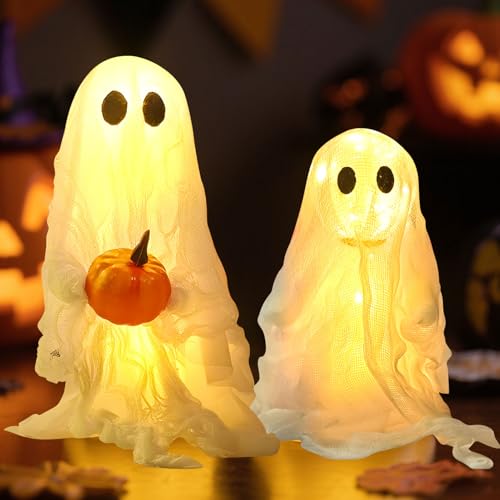 2 Stück Halloween Deko Geist Leuchtend, 20CM Halloween Geist mit Kürbis Beleuchtung Stehende Halloween Deko Gruselige Geister mit 3 Modi LED Lichter Halloween Leuchtdeko für Party Deko (A) von Nexoria