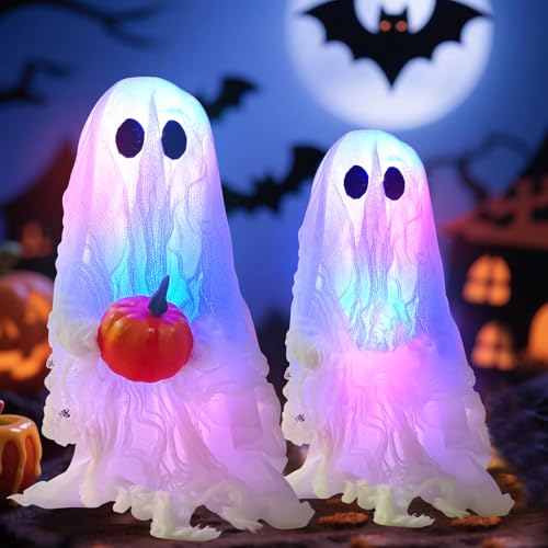 2 Stück Halloween Deko Geist Leuchtend, 20CM Halloween Geist mit Kürbis Beleuchtung Stehende Halloween Deko Gruselige Geister mit 3 Modi LED Lichter Halloween Leuchtdeko für Party Deko (B) von Nexoria