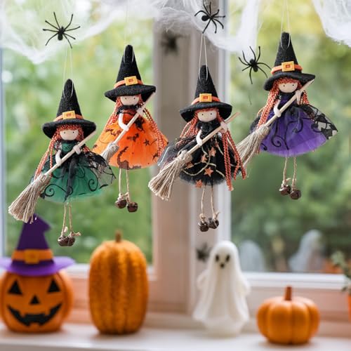 4 Stück Halloween Deko Hexe Puppen, 20cm Halloween Hängende Hexenpuppe Hexen Deko Hängend hexen Figure Wichtel Figure mit Besen für Tischdeko Party (A) von Nexoria
