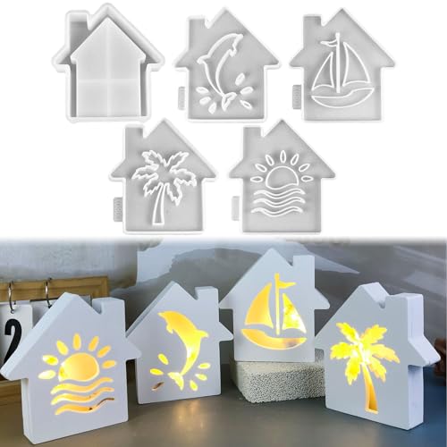 5 Stück Silikonformen Gießformen Häuser, 3D Silikonform Haus Gießformen Silikon Häuser mit Wal Segelboot Gießform Häuser Gips zum Gießen Silikonform Häuschen Silikon form Weihnachten von Nexoria