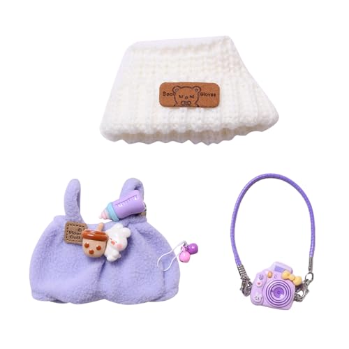 Bekleidungs Set, 3 Stück Puppe Kleidung Kompatibel mit 17cm Puppen Kleidung Zubehör Set mit Kamera Rucksack Kleiner Flaschenanhänger Plüsch Puppenkleidung Outfit Set (Keine Puppe enthalten) (Lila) von Nexoria