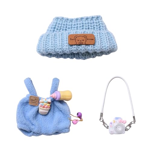 Bekleidungs Set, 3 Stück Puppe Kleidung Kompatibel mit 17cm Puppen Kleidung Zubehör Set mit Kamera Rucksack Kleiner Flaschenanhänger Plüsch Puppenkleidung Outfit Set (Keine Puppe enthalten) (Blau) von Nexoria