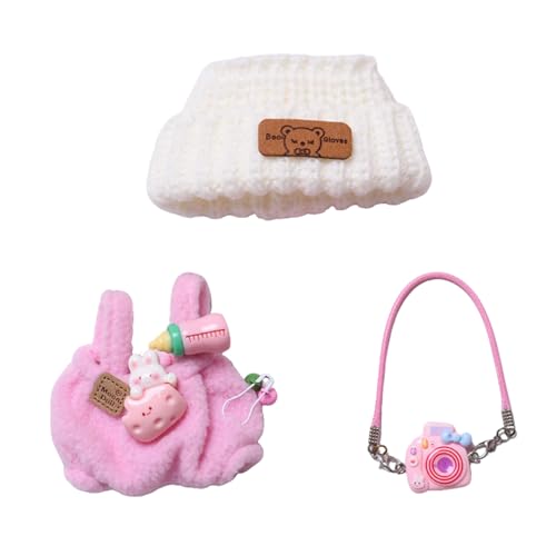 Bekleidungs Set, 3 Stück Puppe Kleidung Kompatibel mit 17cm Puppen Kleidung Zubehör Set mit Kamera Rucksack Kleiner Flaschenanhänger Plüsch Puppenkleidung Outfit Set (Keine Puppe enthalten) (Rosa) von Nexoria
