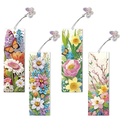 Diamond Painting Lesezeichen, 4 Stück 5D Diamant Painting Frühling Diamond Painting Ostern Schmetterlings Frühlingsdeko Blumen DIY Lesezeichen DIY Diamant Malerei Bastelset für Frühlingsdeko (A) von Nexoria