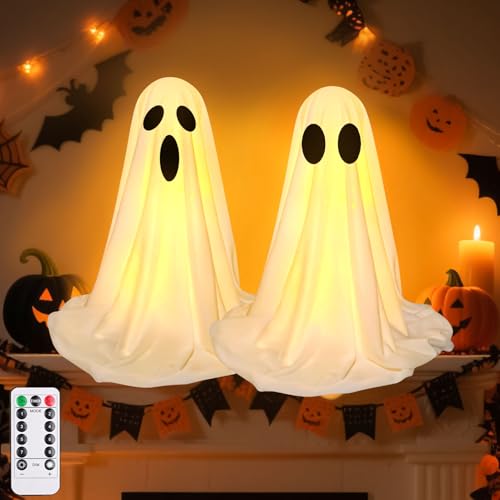Halloween Deko Geist Leuchtend, 2 Stück 37cm Halloween Deko Outdoor Geister Leuchtender mit Fernbedienung Stehende Geister Deko mit Licht Batteriebetrieben Geist Deko für Party Terrasse Garten (B) von Nexoria