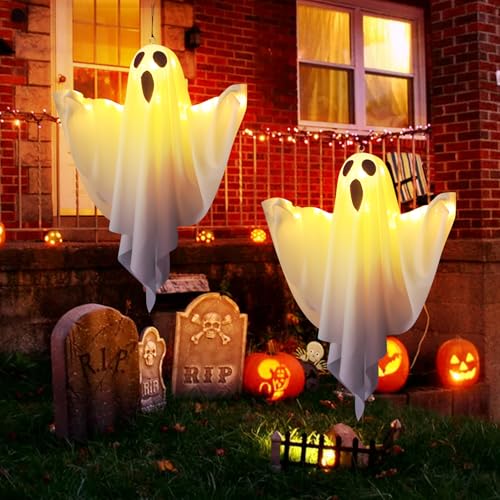 Halloween Deko Geister, Halloween Hängende Geister mit Lichterketten Halloween Deko Gruselig Halloween Geist mit Einstellbare Beleuchtung Batteriebetrieb Halloween Deko für Garten (Weiß-2pcs) von Nexoria