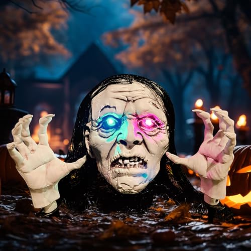 Halloween Deko Outdoor Zombie Groundbreaker, Halloween Deko Kriechender Zombie mit Sound Und Leuchten Leuchtender Helloween Animierter Zombien mit Leuchten Augen für Rasen Terrasse Garten (A) von Nexoria