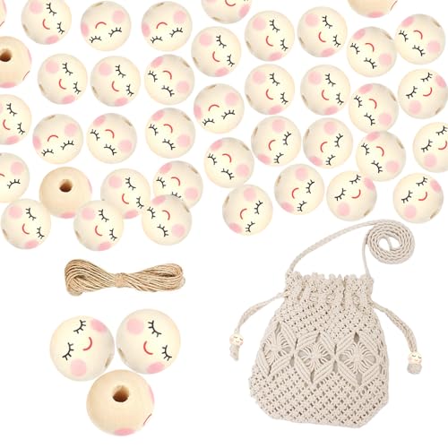 Lächeln Gesicht Holzperle, 100Pcs Für Sorgenwurm Holzkugeln Natur 20mm Mit Gesicht Für Schmuck Machen Zubehör, Keine Tasche (A) von Nexoria