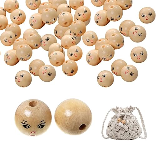 Lächeln Gesicht Holzperle, 100Pcs Holzperlen mit Gesicht Engel Kreative Rund Holzperlen Perlen mit gesicht Holzperlen Natur mit Gesicht für Kinder schmuck Machen zubehör, 22mm von Nexoria