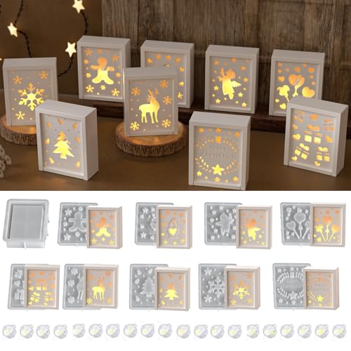 Silikonformen Gießformen Geschenkbox, 10 Stück Geschenkkarton Silikonform Weihnachten mit 20 LED Ballonlichter Gießform Weihnachten mit Elch Baum Gips zum Gießen Gießformen Silikon Geldgeschenke (A) von Nexoria