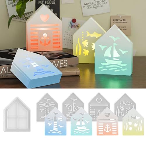 Silikonformen Gießformen Häuser, 5 Stück Silikonform Haus mit Ballonlichter Leuchtturm Maritim Anker Gipsformen zum Gießen Gießformen Silikon Häuser Maritime Silikonform Sommer für Kerzen Gips (A) von Nexoria
