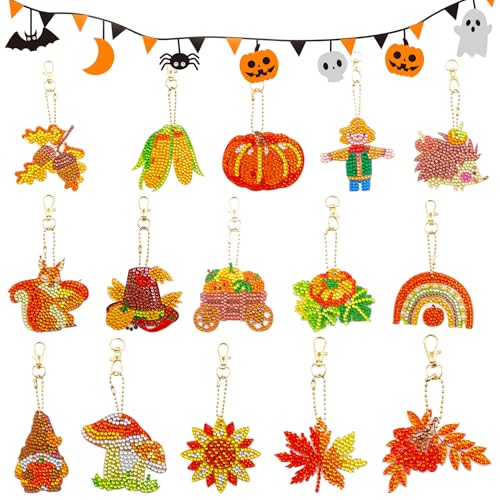 Nexum Diamond Painting Schlüsselanhänger Herbst Anhänger Set für Erwachsene Kinder Beidseitig Halloween Bastelset Wichtel Tiere Herbstdeko Erntedankfest Thanksgiving Geschenk (Ensemble) von Nexum