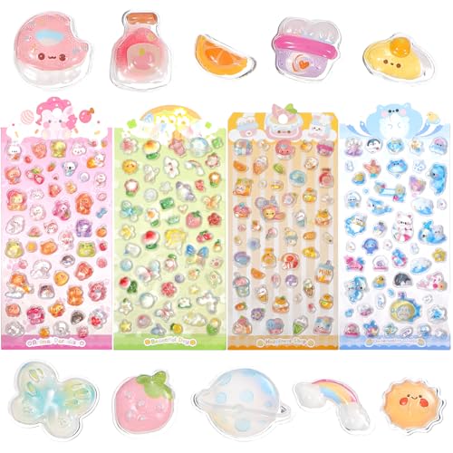 4 Blatt 3D Puffy Sticker Süße Wasserdicht Aufkleber Kawaii Tiere Sticker mini Stickers DIY Set für Kinder Mädchen Handyhüllen Notizbuch Scrapbooking (Rosa, Blau, Grün, Gelb) von Neyauo