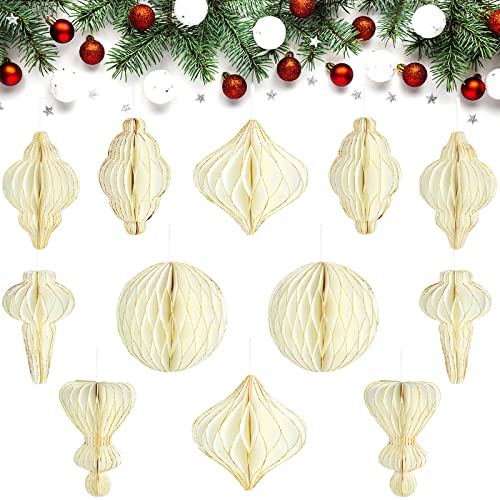 12 Stück Weihnachten Papier Wabenbälle Party Pom Poms Glitzer Design Speziell Geformte Dekorative Papierlaterne Ornament für Weihnachtsbaum Weihnachten Party Haus Urlaub Deko, Weiß von Nezyo