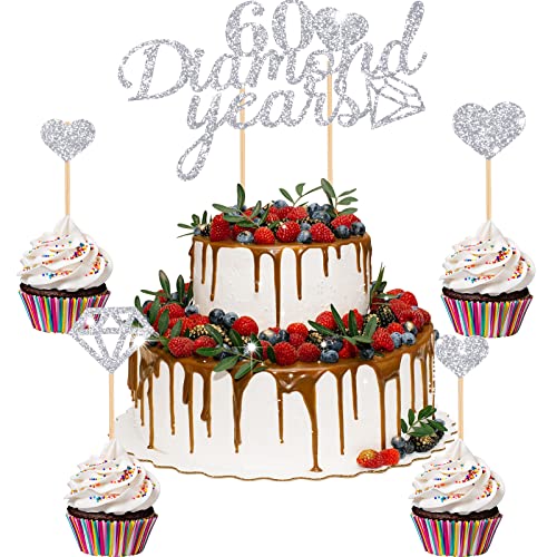 13 Stücke 60 Diamond Years Cake Topper 60. Hochzeit Kuchendeckel Herz Jubiläums Tortendeko Torten Kuchen Kuchendeko Diamantenes Jubiläum Dekoration für Geburtstag von Nezyo