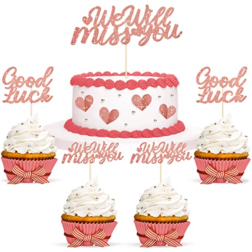 13 Stück Glitzer We Will Miss You Kuchen Topper We Will Miss You Cupcake Topper mit Liebesherz Glitzer Good Luck Tortenaufsatz für Arbeitsplatzwechsel Ruhestand Abschluss (Rose Gold) von Nezyo