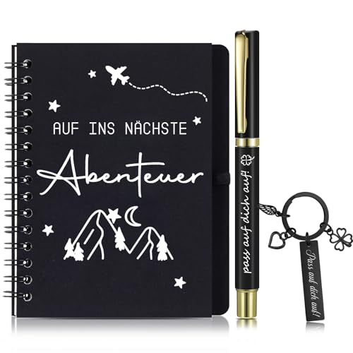 Nezyo Kollegin Abschiedsgeschenk Set 1 Glücksbringer Schlüsselanhänger mit Gravur Pass auf Dich Auf 1 Auf Ins Nächste Abenteuer Notizbuch 1 Kugelschreiber für Kollegen Piloten Reisende Freunden von Nezyo