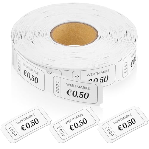 Nezyo Wertmarken Rolle 1000 Blatt Perforierte Wertmarken Fortlaufende Nummer Essensmarken Rolle Getränke Marken Rolle Abrisskarten für Geschäfte Bar Hochzeit Party Karneval (Weiß,0,5 Euro) von Nezyo