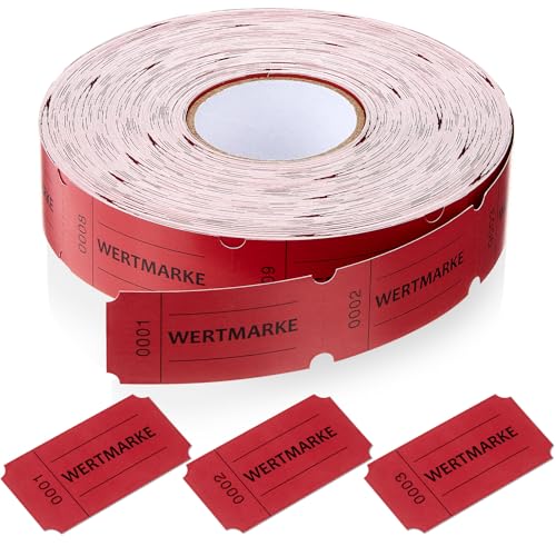 Nezyo Wertmarken Rolle 1000 Blatt Perforierte Wertmarken Fortlaufende Nummer Essensmarken Rolle Getränke Marken Rolle Abrisskarten für Geschäfte Bar Hochzeit Party Karneval(Rot,Wertmarke) von Nezyo