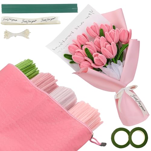 Rosa Tulip Bouquet Pfeifenreiniger Set, 400 Stück in 4 Farben zum Basteln, Pfeifenreiniger Blumen-Set, mit 20 Stück Grünem Bastelfaden, Geschenkband, Klebeband von Nhcuijun