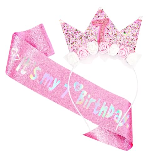7. Geburtstag Stirnband und Schärpe Kinder 7 Geburtstag Dekorationen für Mädchen Haarband und Glitzer Schärpe für 7 Jahre alte Mädchen als B-Day Dekorationen Partyzubehör von Nhemeylp