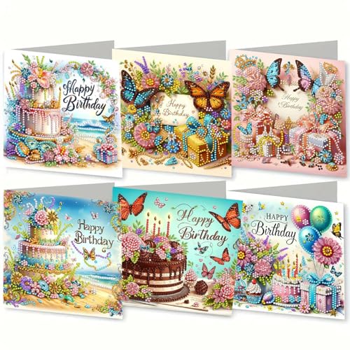 Nhemeylp 6 Stück 5D DIY Diamond Art Geburtstagskarten mit Umschlägen für Kinder Erwachsene, handgefertigte Diamant-Malkarten mit Geburtstagstorte und Schmetterlingselement für Familie Freund von Nhemeylp