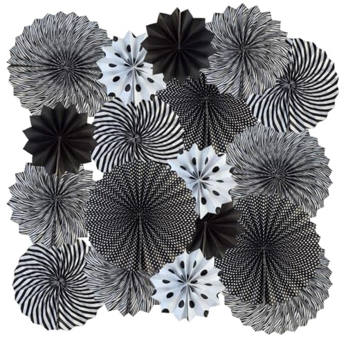 18 STK Party Hanging Paper Ventilatoren Set, rundes Muster Papier Blume Fächer Dekoration für Geburtstag Hochzeit Graduierung Events Zubehör Wand Decke Dekor (Schwarz) von Nhgkju