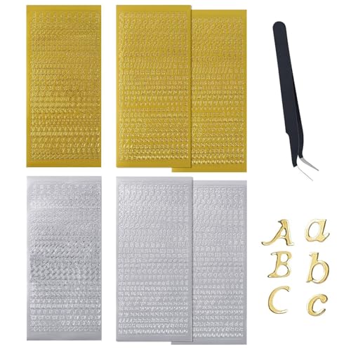 6 Blatt Buchstabenaufkleber, selbstklebende Aufkleber mit Edelstahlpinzette, Heißprägeetiketten Aufkleber Gold Silber Schwarz Mini Buchstabe A-Z Aufkleber für Scrapbooking DIY (Gold, Silber) von Nhgkju