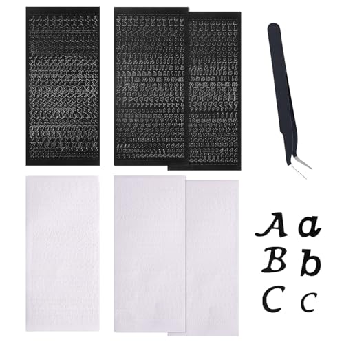 6 Blatt Buchstabenaufkleber, selbstklebende Aufkleber mit Edelstahlpinzette, Heißprägeetiketten Aufkleber Gold Silber Schwarz Mini Buchstabe A-Z Aufkleber für Scrapbooking DIY (Schwarz, Weiß) von Nhgkju
