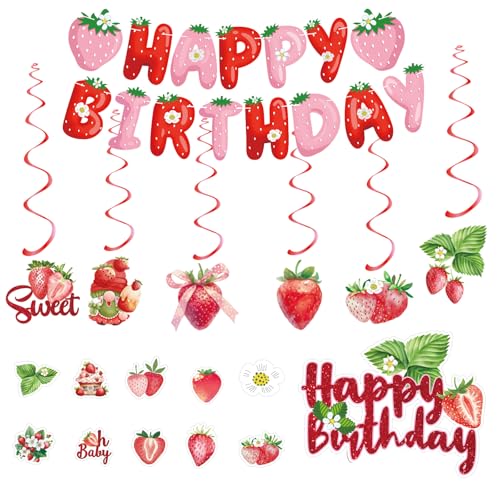 Erdbeere Geburtstag Dekorationen Set mit Happy Birthday Banner Spiraleinsatz Schild Rosa Obst Kuchen Süßigkeiten Party Hintergrund für alle Arten von Feiern von Nhgkju